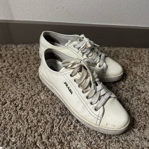 Prada white patent leather sneakers